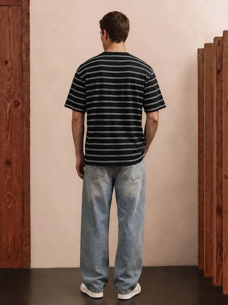 Manfinity Joysei Kaos Pria Ukuran Standar 87% Katun Garis-Garis Hitam, Desain Patch Huruf "So What", Cocok Untuk Liburan Musim Panas Dan Sekolah - Hitam - View 4