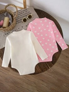 SHEIN 2pcs/Set Kids Baby Girl Heart Pattern Comfortable Versatile Long Sleeve Pullover Fleece Lined Rompers, Casual Versatile, Soft And Comfortable, Suitable For Indoor, Outdoor And Any Occasion - Multicolor - View 2