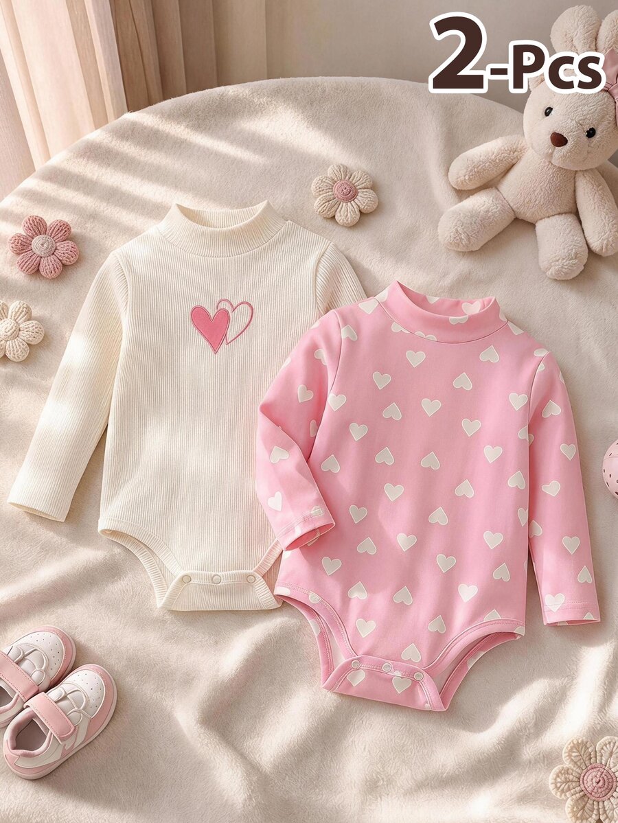 SHEIN 2pcs/Set Kids Baby Girl Heart Pattern Comfortable Versatile Long Sleeve Pullover Fleece Lined Rompers, Casual Versatile, Soft And Comfortable, Suitable For Indoor, Outdoor And Any Occasion - Multicolor - View 1