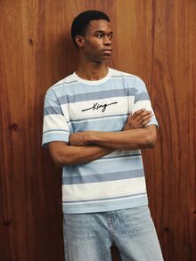 OldRiff Men's Summer Casual Letter Print Contrast Color Crew Neck Short Sleeve T-Shirt - Blue - View 1