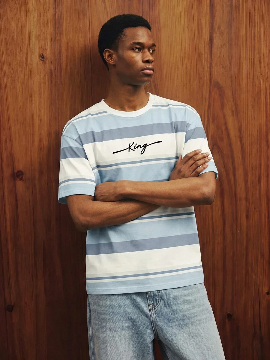 OldRiff Men's Summer Casual Letter Print Contrast Color Crew Neck Short Sleeve T-Shirt - Blue - View 1