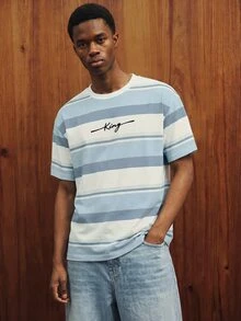 OldRiff Men's Summer Casual Letter Print Contrast Color Crew Neck Short Sleeve T-Shirt - Blue - View 4