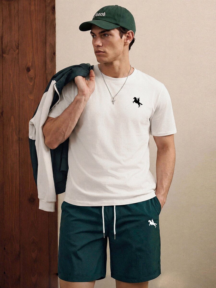 Manfinity Joysei Set Kaos Slim Fit Pria dan Celana Pendek Tenun, untuk Liburan - Krem - View 1