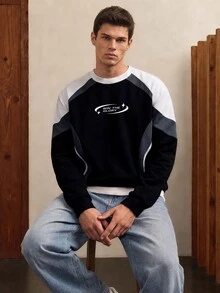 Manfinity Joysei Men's Colorblock Print Pullover Sweatshirt, Suitable For Autumn/Winter, Outdoor, School - Black - View 1