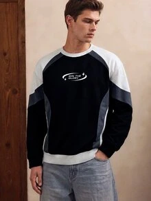Manfinity Joysei Men's Colorblock Print Pullover Sweatshirt, Suitable For Autumn/Winter, Outdoor, School - Black - View 5