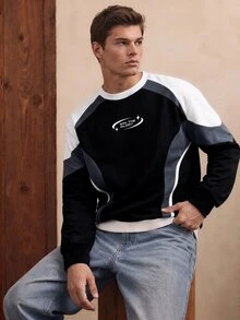Manfinity Joysei Men's Colorblock Print Pullover Sweatshirt, Suitable For Autumn/Winter, Outdoor, School - Black - View 3
