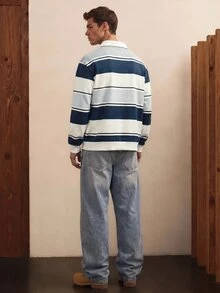 Manfinity Joysei 男士休闲蓝色条纹纽扣领卫衣，日常百搭 - 藍色 - 查看 5