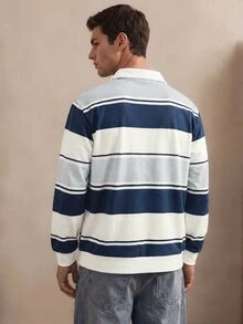 Manfinity Joysei 男士休闲蓝色条纹纽扣领卫衣，日常百搭 - 藍色 - 查看 2