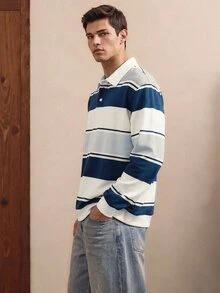 Manfinity Joysei 男士休闲蓝色条纹纽扣领卫衣，日常百搭 - 藍色 - 查看 4