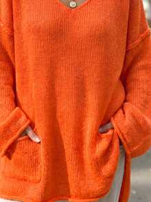 Balvessa Women's Casual Lazy Style Deep V-Neck Drop Shoulder Wide Sleeve Hem Double Patch Pockets Side Slit Versatile Sweater - Orange - View 6