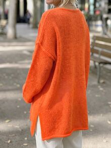Balvessa Women's Casual Lazy Style Deep V-Neck Drop Shoulder Wide Sleeve Hem Double Patch Pockets Side Slit Versatile Sweater - Orange - View 2