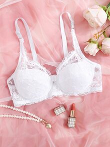 Crystal Vow Floral Lace Push Up Bra Lingerie - White - View 3