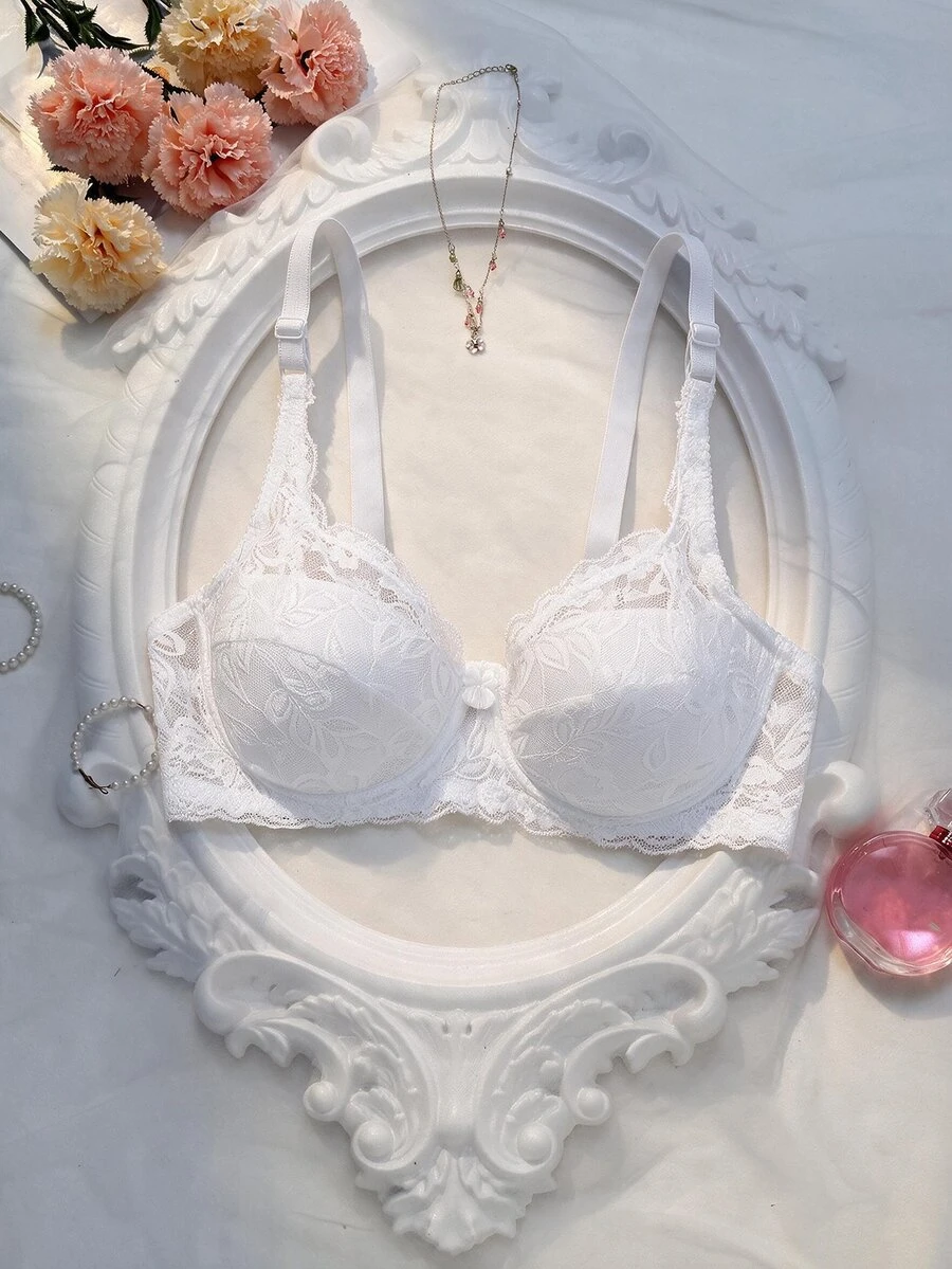 Crystal Vow Floral Lace Push Up Bra Lingerie - White - View 1
