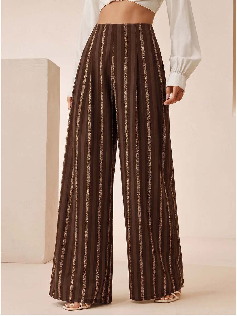 Anewsta Women's Elegant Striped Colorblock Pocket Loose Fit Suit Pants For Commute And Office - Brown - View 1