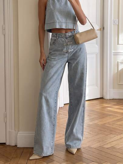 AiiRZ Wide Leg Jeans With Chinese Frog Button Closures Light Wash Denim Full Length High Waist Flowy Palazzo Style Spring Summer
