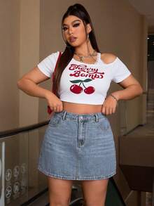 SHEIN ICON 大尺碼女款休閒牛仔迷你裙，附口袋與鈕扣，適合日常穿著 - 藍色 - 查看 3