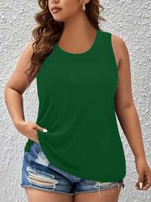 EMERY ROSE Plus Size Summer Casual Simple Solid Color Tank Top - Dark Green - View 1