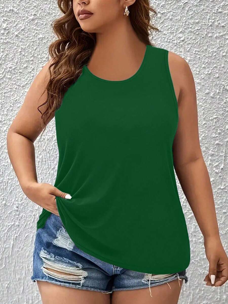 EMERY ROSE Plus Size Summer Casual Simple Solid Color Tank Top - Dark Green - View 1