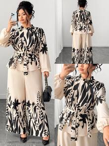 Elenzga Women's Plus Size Floral Print Waist-Cinching Blouse And Wide Leg Pants 2 Pieces Set Fall - Multicolor - View 10