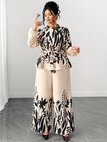Elenzga Women's Plus Size Floral Print Waist-Cinching Blouse And Wide Leg Pants 2 Pieces Set Fall - Multicolor - View 5