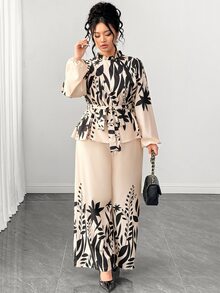Elenzga Women's Plus Size Floral Print Waist-Cinching Blouse And Wide Leg Pants 2 Pieces Set Fall - Multicolor - View 7