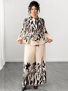 Elenzga Women's Plus Size Floral Print Waist-Cinching Blouse And Wide Leg Pants 2 Pieces Set Fall - Multicolor - View 4