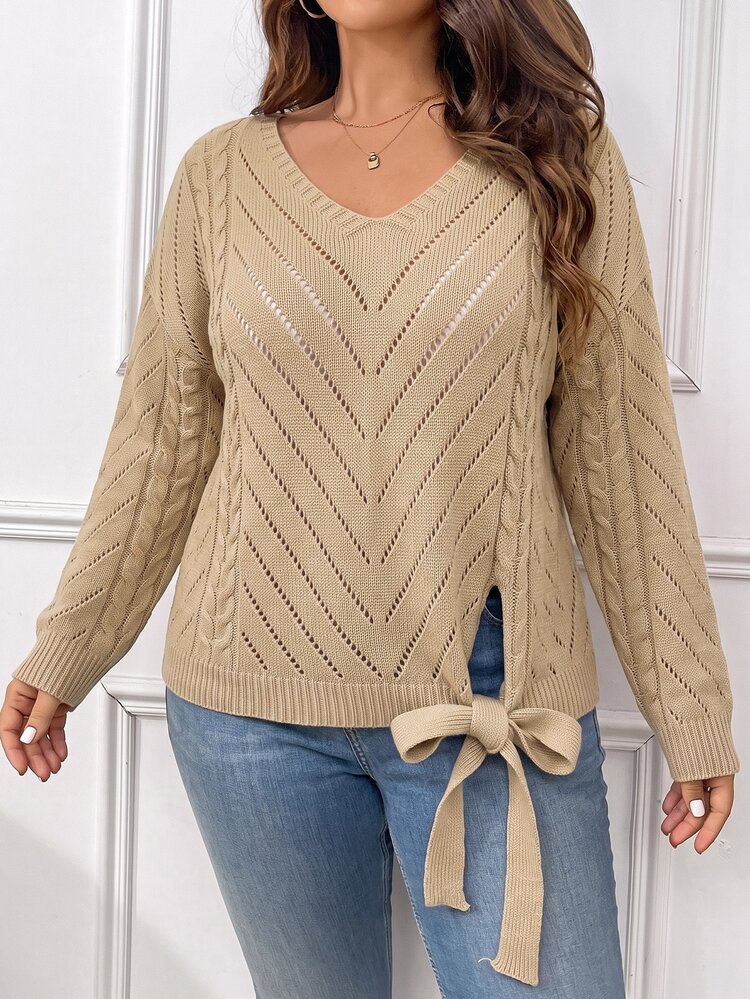 Elenzga Plus Size V-Neck V-Shape Patchwork Button Rope Sexy Hollow Out Pullover Sweater Solid Color Striped Bow Tie Lace-Up Casual Sweater, Autumn/Winter - Apricot - View 5