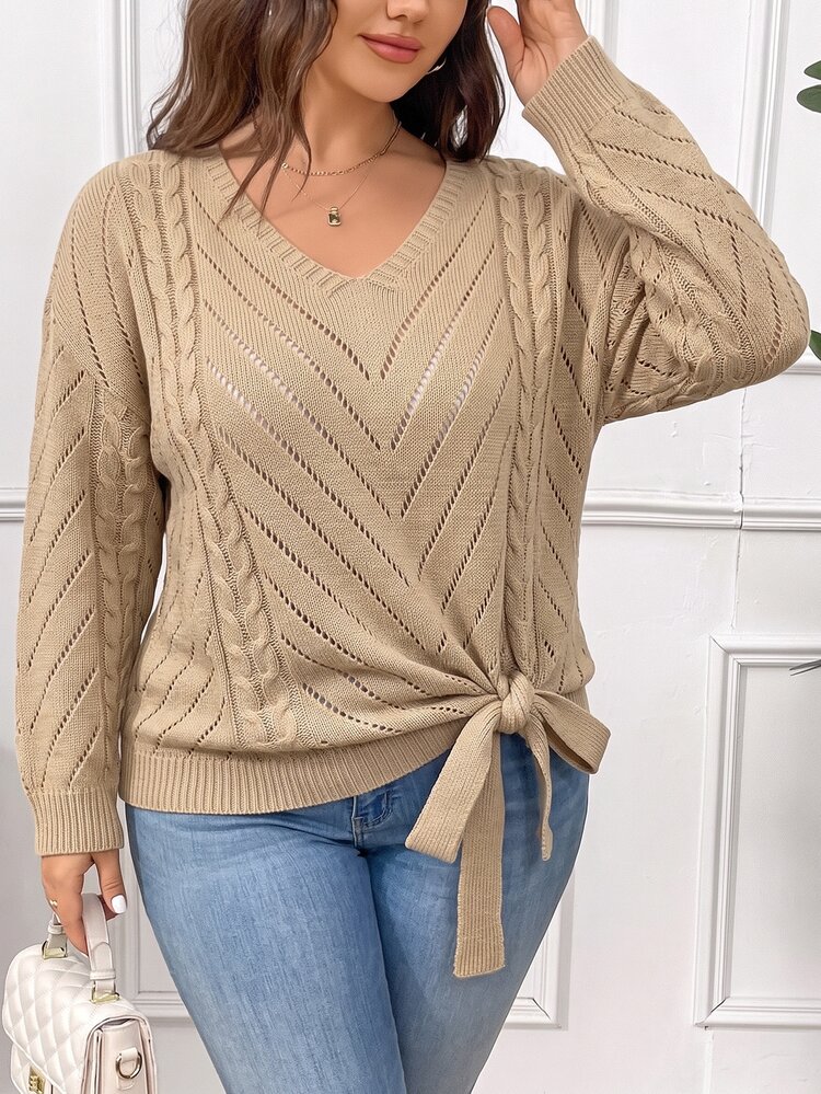 Elenzga Plus Size V-Neck V-Shape Patchwork Button Rope Sexy Hollow Out Pullover Sweater Solid Color Striped Bow Tie Lace-Up Casual Sweater, Autumn/Winter - Apricot - View 1
