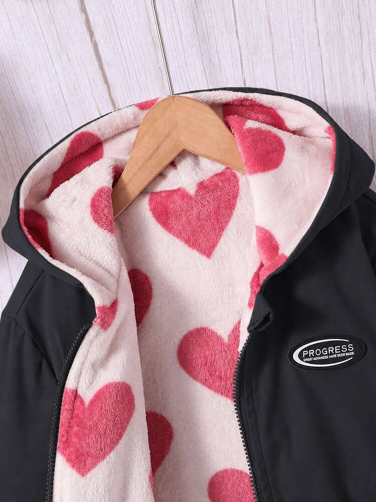 Girls' Pink Heart Plush Lined Casual Black Jacket, Autumn/Winter - Black - View 4