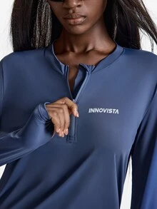 Innovista Innovista 女款 UPF 40+ 字母印花半拉鍊長袖運動寬鬆 T 恤，適合健身房運動、瑜珈、皮拉提斯、網球健身 - 霧藍灰色 - 查看 9