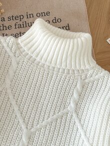 SHEIN 1件女款白色套頭毛衣，高領菱格紋理，純色簡約百搭，寬鬆柔軟溫柔風，適中厚度，下擺整齊，柔軟舒適，適合日常休閒穿著、外出、購物，秋冬款 - 白色 - 查看 6