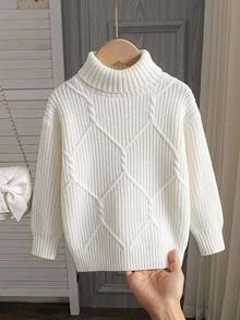 SHEIN 1件女款白色套頭毛衣，高領菱格紋理，純色簡約百搭，寬鬆柔軟溫柔風，適中厚度，下擺整齊，柔軟舒適，適合日常休閒穿著、外出、購物，秋冬款 - 白色 - 查看 8