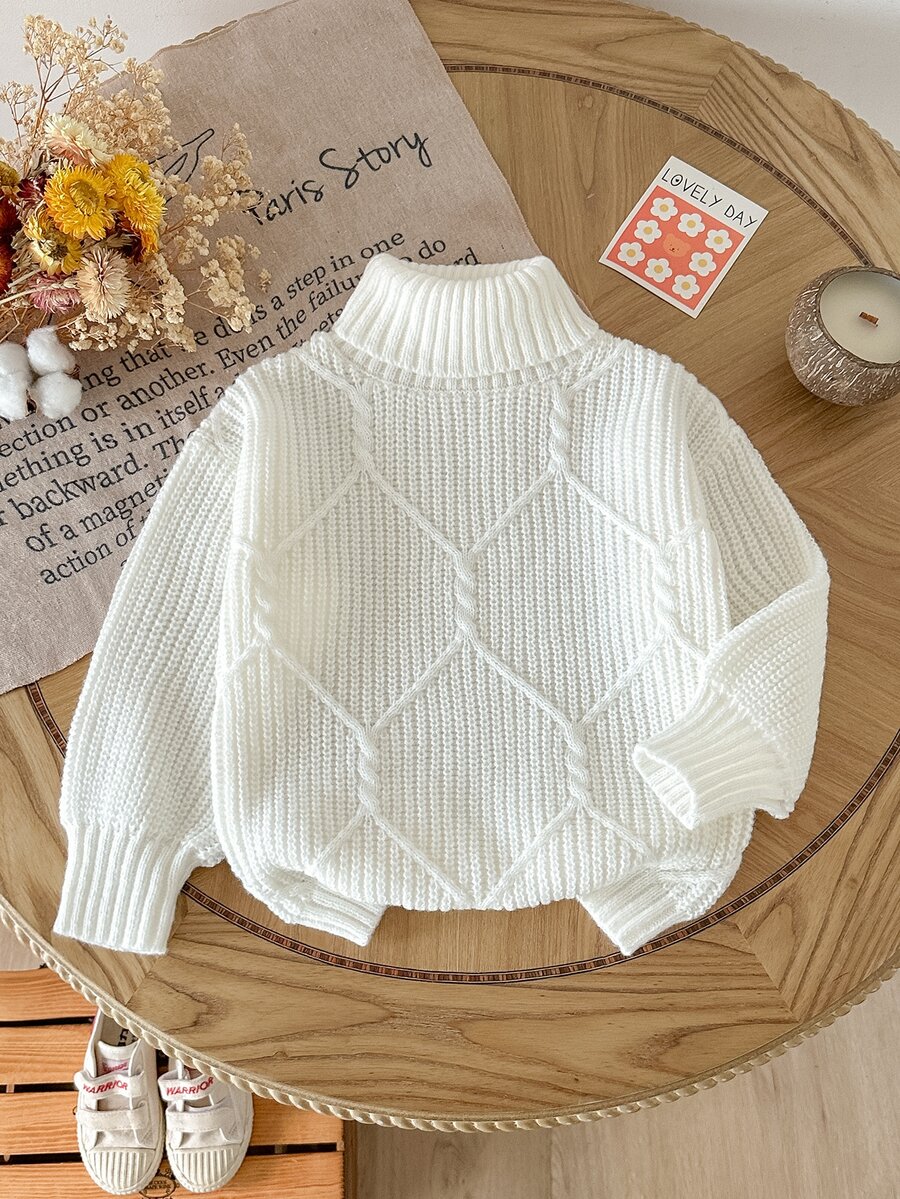 SHEIN 1件女款白色套頭毛衣,高領菱格紋理,純色簡約百搭,寬鬆柔軟溫柔風,適中厚度,下擺整齊,柔軟舒適,適合日常休閒穿著、外出、購物,秋冬款 - 白色 - 查看 1