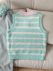 Tween Girl Striped Color Block Casual Daily Vest - Green - View 2