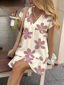 SHEIN LUNE Women's Floral Print V-Neck Ruffle Hem Casual Boho Short Dress For Beige Summer - Multicolor - View 1