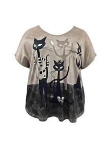 INAWLY Plus Size Women Casual Loose V-Neck Cat Print Short Sleeve T-Shirt - Khaki - View 2
