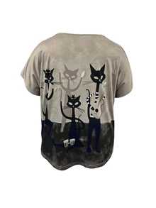 INAWLY Plus Size Women Casual Loose V-Neck Cat Print Short Sleeve T-Shirt - Khaki - View 3