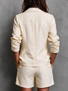 SHEIN Women's Solid Color Notch Lapel Single Button Long Sleeve Jacket And Shorts Casual Daily Suit Set - Light Yellow - View 3