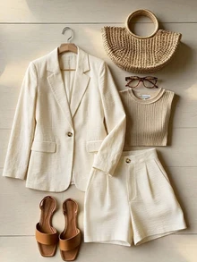 SHEIN Women's Solid Color Notch Lapel Single Button Long Sleeve Jacket And Shorts Casual Daily Suit Set - Light Yellow - View 4