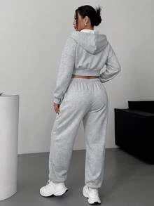 SHEIN EZwear Setelan 2 Potong Ukuran Besar Kasual Berkerudung dengan Kantong dan Celana untuk Musim Gugur - Light Grey - View 5