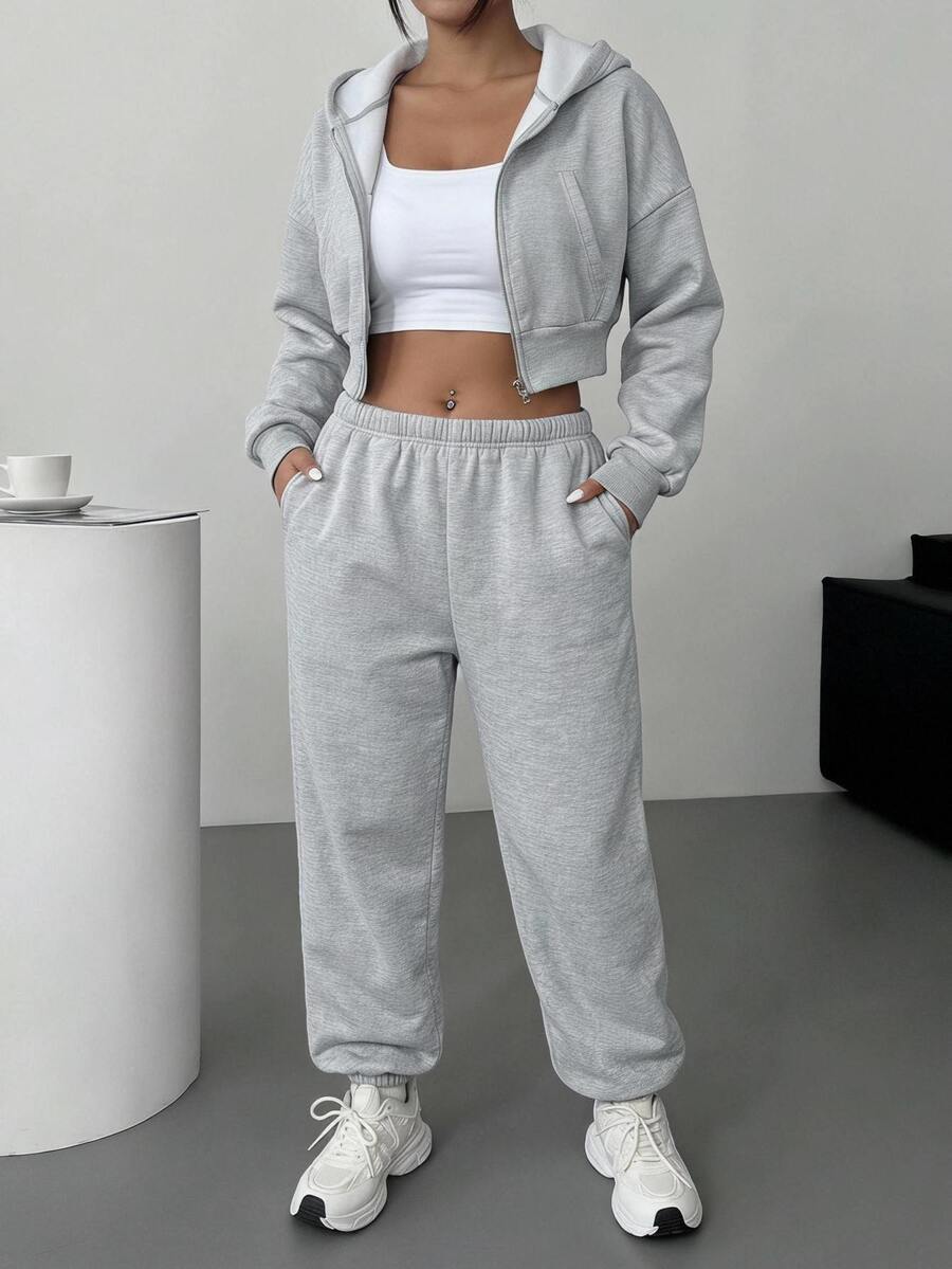 SHEIN EZwear 大尺碼休閒連帽衛衣口袋褲子兩件套 秋季 - 淺灰色 - 查看 1