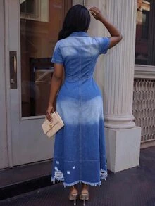 Slaydiva Gaun Denim Kasual Wanita Ukuran Plus dengan Kerah, Lengan Pendek, dan Potongan Hem Tinggi-Rendah - Biru - View 2