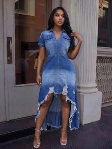 Slaydiva Gaun Denim Kasual Wanita Ukuran Plus dengan Kerah, Lengan Pendek, dan Potongan Hem Tinggi-Rendah - Biru - View 1