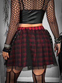 Whyspr Plus Size Punk Plaid Patchwork Mesh Skirt - Red - View 2