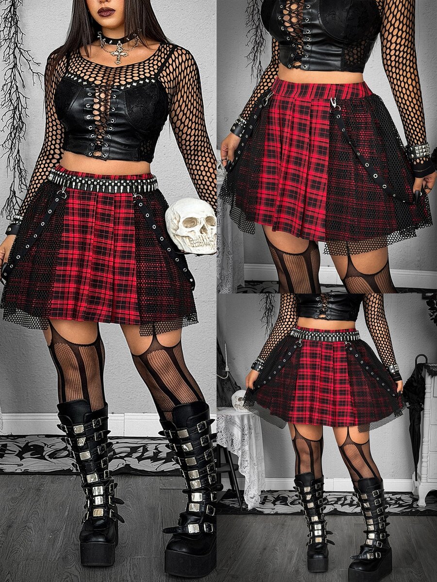 Whyspr Plus Size Punk Plaid Patchwork Mesh Skirt - Red - View 1