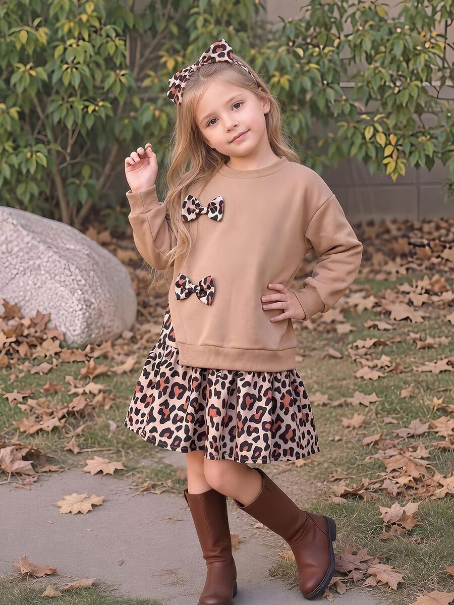 Young Girl Dress With Brown Sweatshirt Fabric And Leopard-Print PanelingFall/Winter Style. Simple And Comfortable, Perfect For . - Brown - View 1