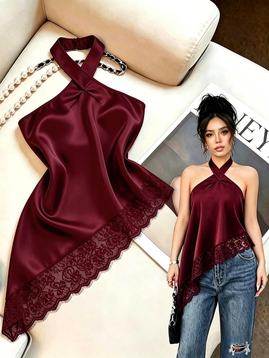 SHEIN Clasi 女款蕾絲拼接時尚百搭約會之夜外訪夜店掛脖上衣 酒紅色 夏季性感 - 酒紅色 - 查看 1