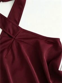 SHEIN Clasi 女款蕾絲拼接時尚百搭約會之夜外訪夜店掛脖上衣 酒紅色 夏季性感 - 酒紅色 - 查看 3