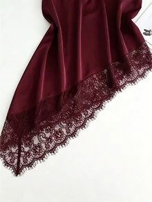 SHEIN Clasi 女款蕾絲拼接時尚百搭約會之夜外訪夜店掛脖上衣 酒紅色 夏季性感 - 酒紅色 - 查看 5