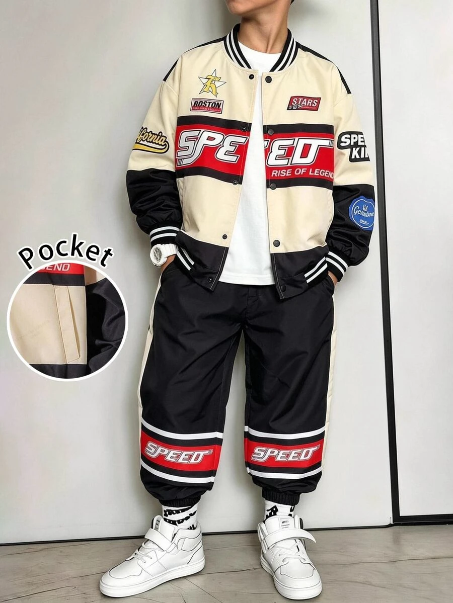Boys 2pcs/Set Racing Car SPEED Slogan Colorblock Varsity Jacket & Pants Set, Tween Boys Sporty Bomber Tracksuit With Pocket,Fall Outfits,Fall Clothes - Multicolor - View 1